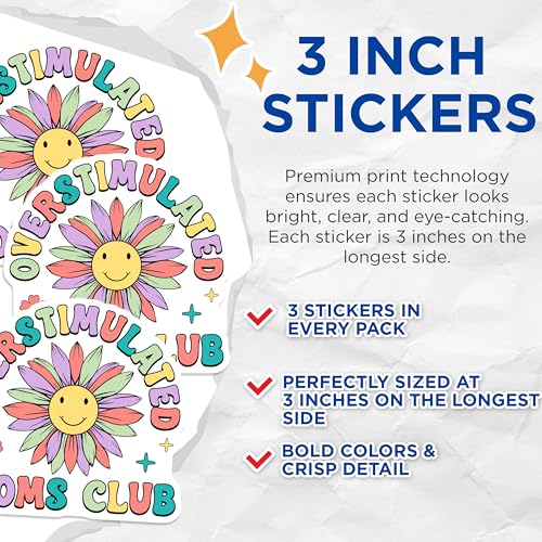 (3 Pack) Overstimulated Moms Club Decals - Floral Mom Life - Laptop Decals for Mothers - 3 Inches On Longest Side - Easy Peel & Apply - Made in USA - 3MCS7790