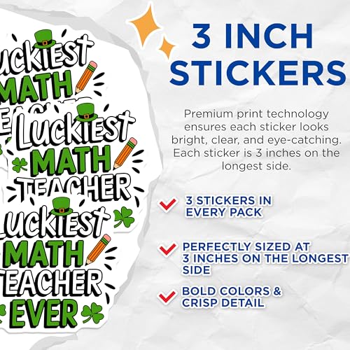 (3 Pack) Luckiest Math Teacher Decals - St Patricks Day Decor - Shamrock Teacher Sticker - 3 Inches On Longest Side - Easy Peel & Apply - Made in USA - 3MCS4355