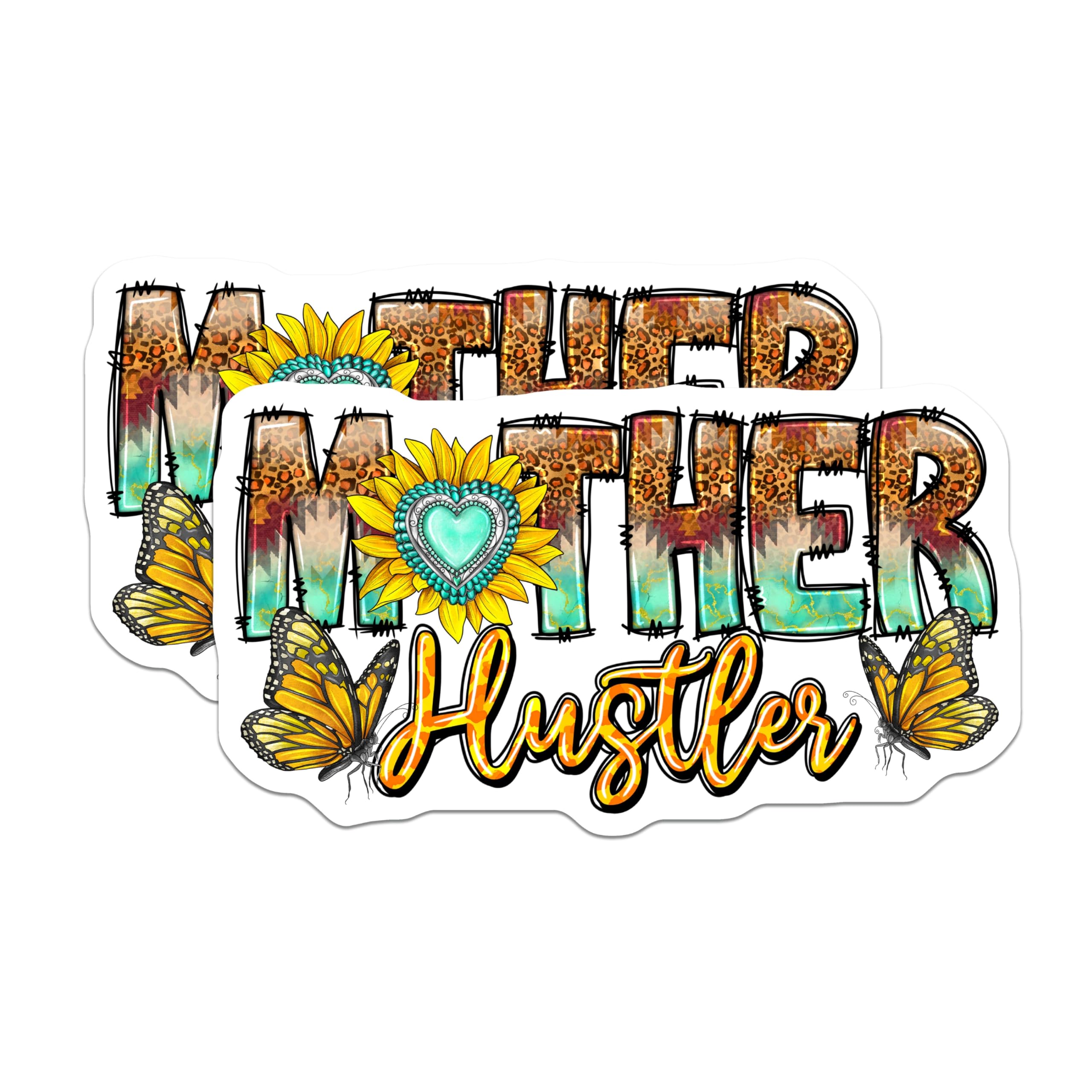 (2 Pack) Mother Hustler Magnets - Boho Mom Refrigerator Decor - Sunflower Butterfly Western Style - 5 Inches On Longest Side - Thick Durable Magnet - Made in USA - MAG27845