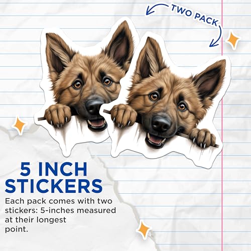 (2 Pack) German Shepherd Stickers - Dog Lover Decal - Cute Pet Dog Sticker - 5" On Longest Side - Sticks to Smooth Flat Surfaces - Made in USA - BMCS9862