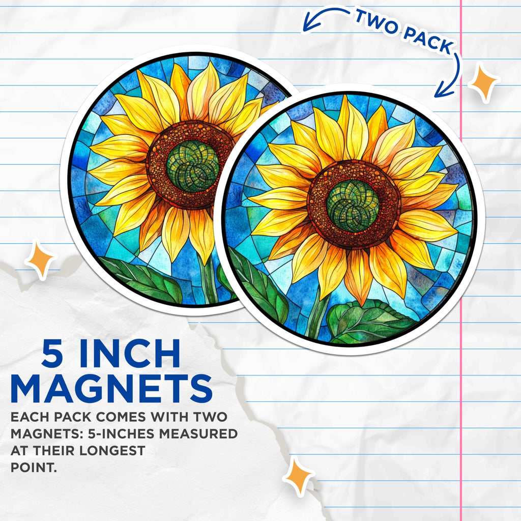 (2 Pack) Stained Glass Sunflower Magnets - Vibrant Floral Kitchen Decor - Faux Window Art Refrigerator Magnets - 5 Inches On Longest Side - Thick Durable Magnet - Made in USA - MAG29049