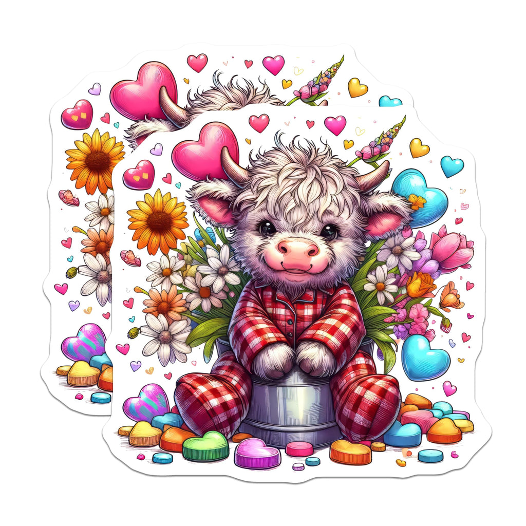 (2 Pack) Highland Cow Magnets - Cute Cow in Pajamas - Floral Heart Magnets - 5" On Longest Side - Premium Magnet - for Cars, Refrigerators, Toolboxes, Lockers - Made in USA - MAG16407