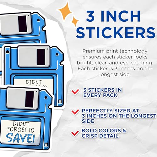 (3 Pack) Floppy Disk Decals - Retro Computer - Didnt Forget to Save - Laptop Decal - 3 Inches On Longest Side - Easy Peel & Apply - Made in USA - 3MCS2491