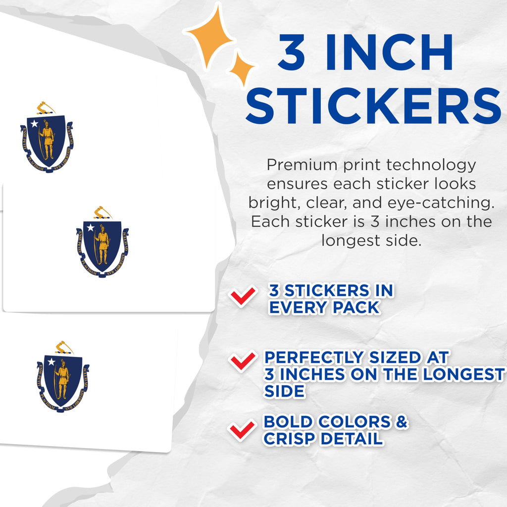 (3 Pack) Massachusetts State Flag Decals - MA Pride - Laptop Car Decals - 3 Inches On Longest Side - Easy Peel & Apply - Made in USA - 3MCS0193