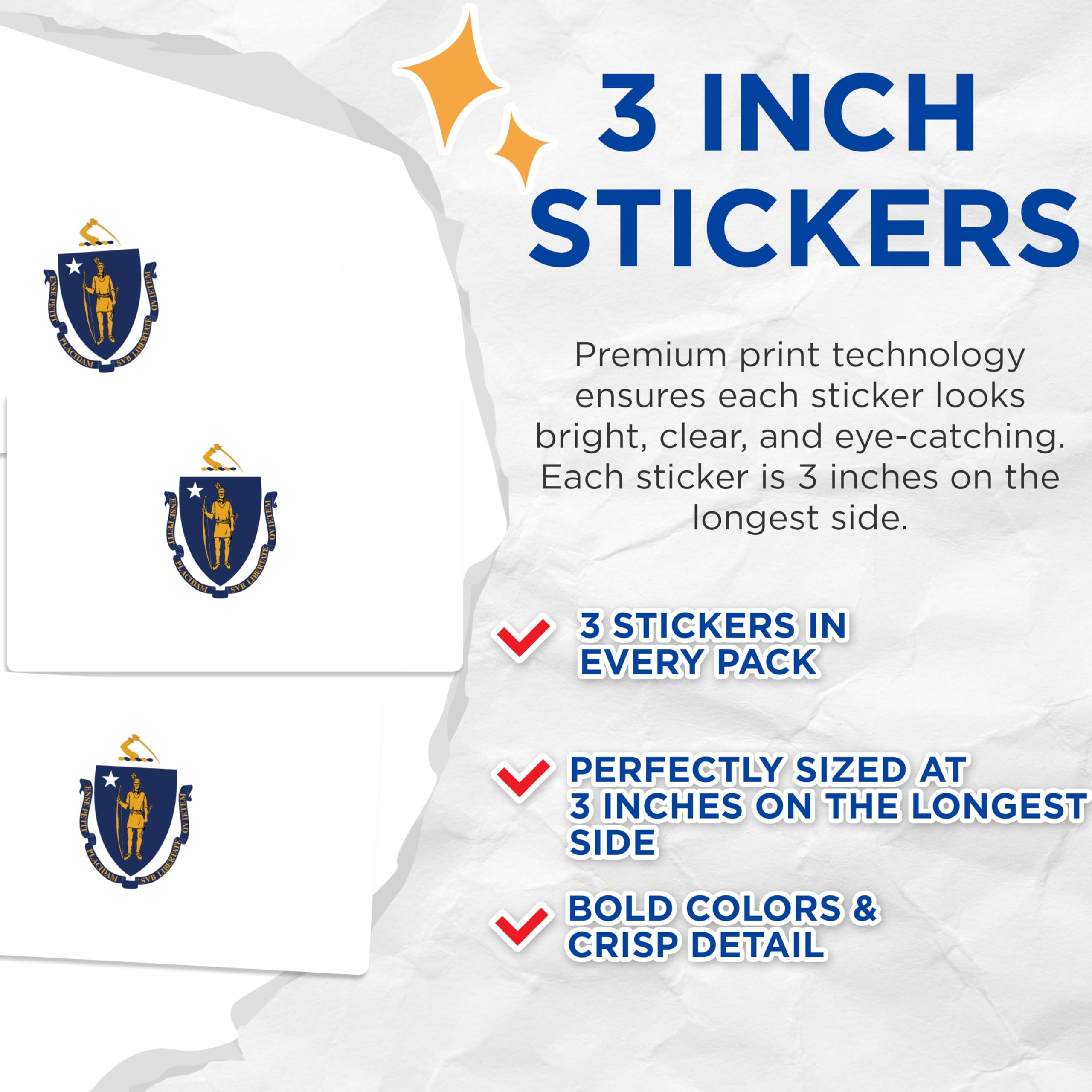 (3 Pack) Massachusetts State Flag Decals - MA Pride - Laptop Car Decals - 3 Inches On Longest Side - Easy Peel & Apply - Made in USA - 3MCS0193