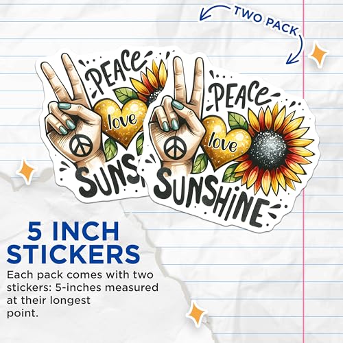 (2 Pack) Peace Love Sunshine Stickers - Sunflower Decals - Vibe Art - Inspirational - 5" On Longest Side - Sticks to Smooth Flat Surfaces - Made in USA - BMCS7975