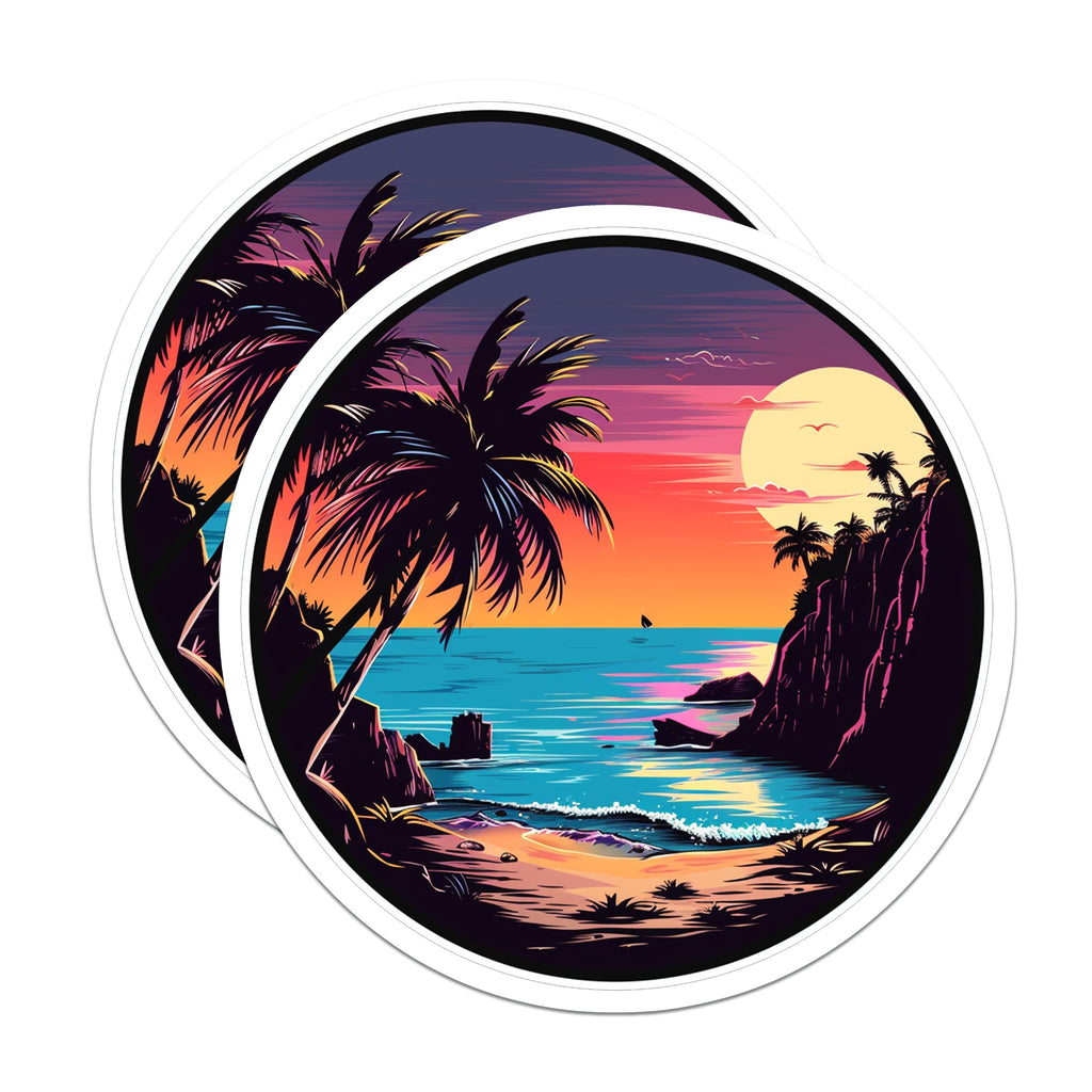 (2 Pack) Beach Sunset Magnets - Retro Tropical Scene - Synthwave Art - Vibrant Ocean View - Summer Vibe Magnets - 5 Inches On Longest Side - Thick Durable Magnet - Made in USA - MAG38768