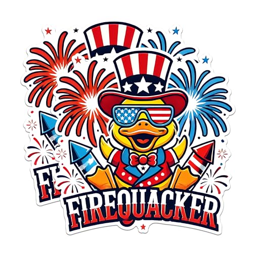 (2 Pack) Firequacker Duck Stickers - Patriotic Duck Stickers - Independence Day Cartoon Stickers - 5" On Longest Side - Sticks to Any Smooth Flat Surface - Made in USA - BMCS2717