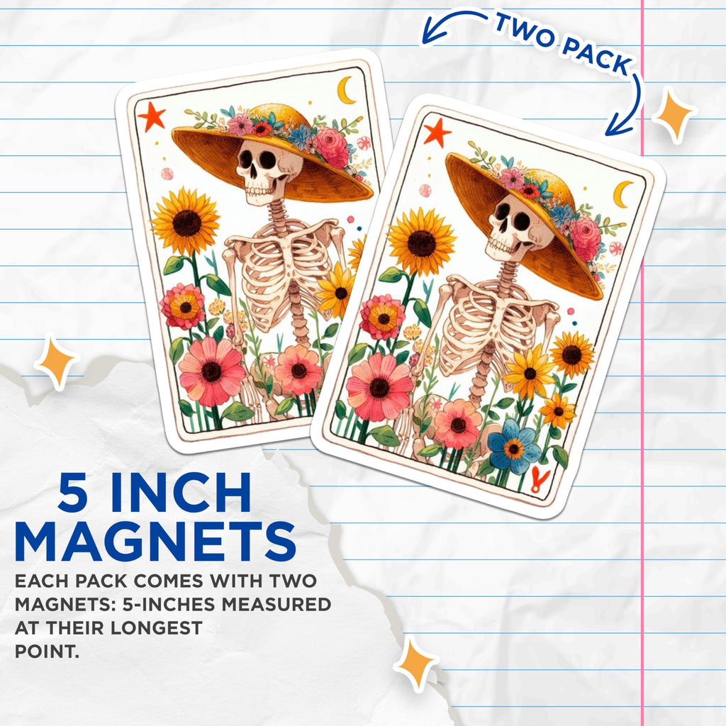 (2 Pack) Floral Skeleton Skull Magnets - Day of the Dead Inspired Art - Whimsical Botanical Fridge Decor - 5 Inches On Longest Side - Thick Durable Magnet - Made in USA - MAG21737
