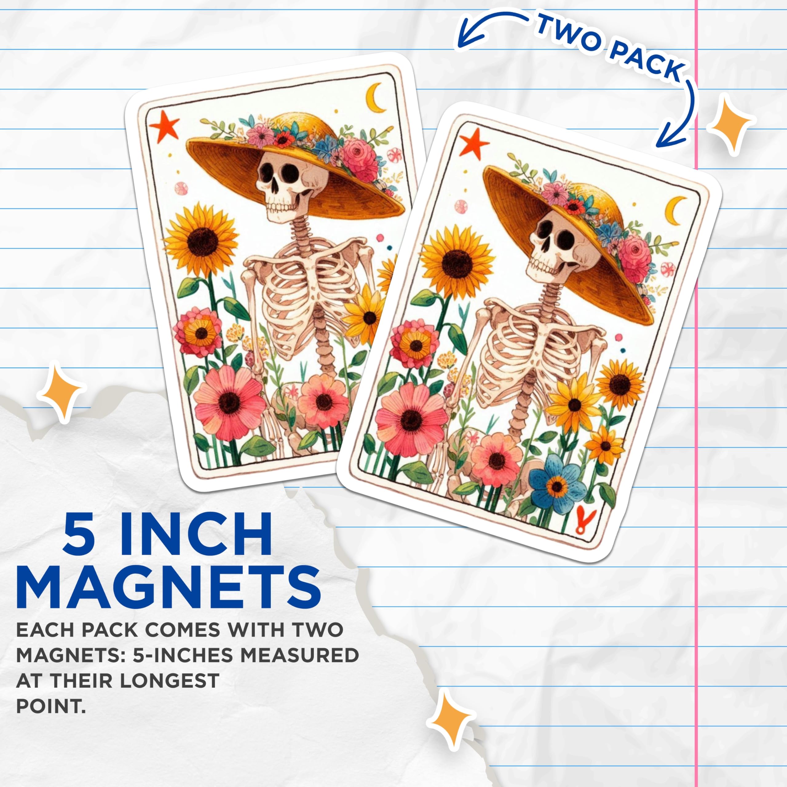 (2 Pack) Floral Skeleton Skull Magnets - Day of the Dead Inspired Art - Whimsical Botanical Fridge Decor - 5 Inches On Longest Side - Thick Durable Magnet - Made in USA - MAG21737