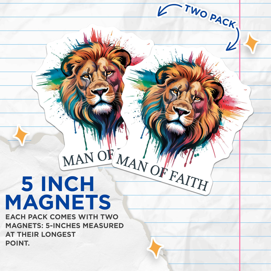 (2 Pack) Man of Faith Lion Magnets - Colorful Spiritual Art - Christian Home Decor - Inspirational Religious Accent - 5 Inches On Longest Side - Thick Durable Magnet - Made in USA - MAG23213
