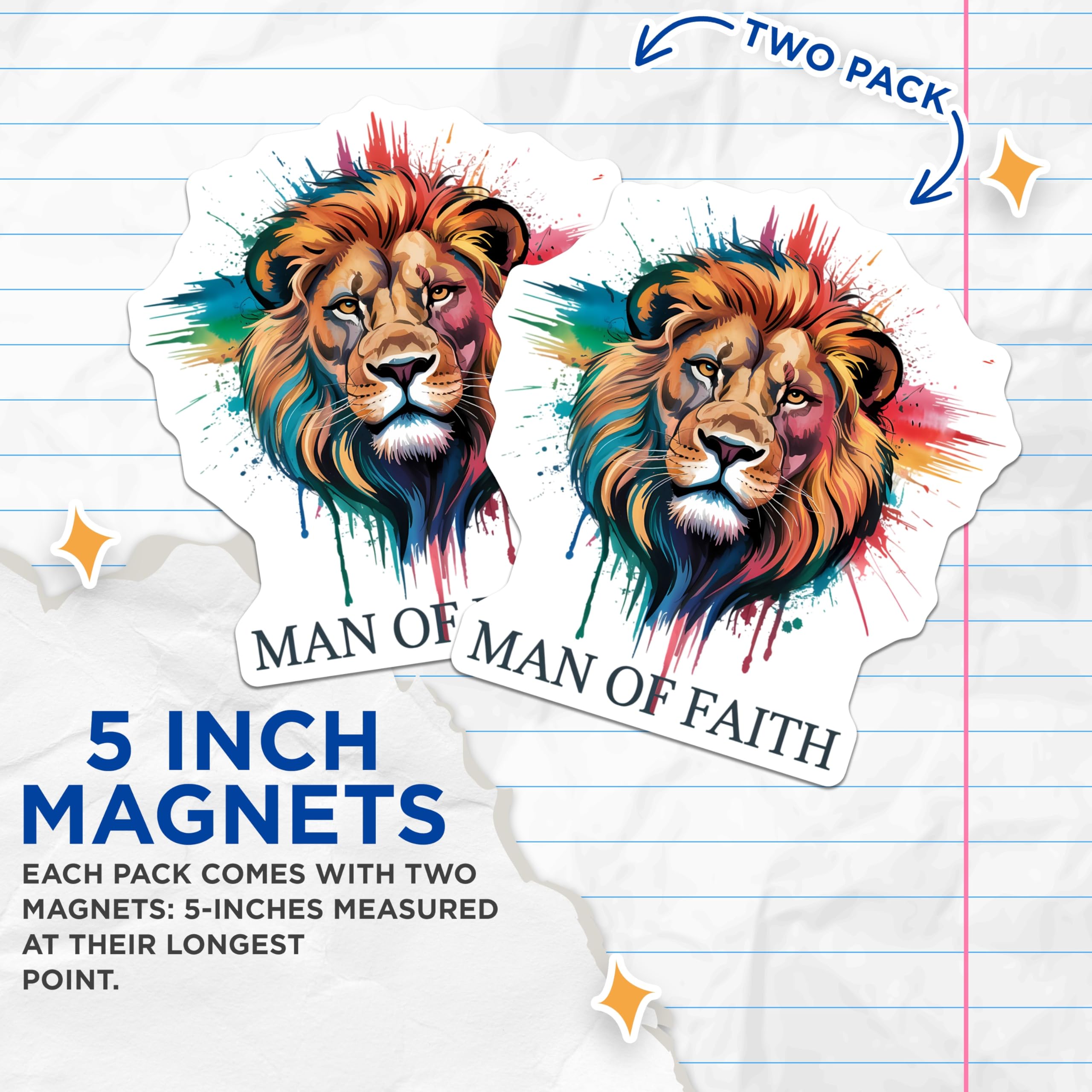 (2 Pack) Man of Faith Lion Magnets - Colorful Spiritual Art - Christian Home Decor - Inspirational Religious Accent - 5 Inches On Longest Side - Thick Durable Magnet - Made in USA - MAG23213