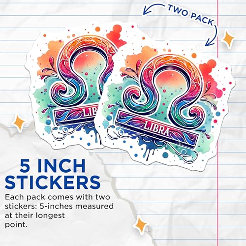 (2 Pack) Libra Zodiac Sign Stickers - Colorful Watercolor Stickers - Horoscope Stickers - 5" On Longest Side - Sticks to Smooth Flat Surfaces - Made in USA - BMCS6825