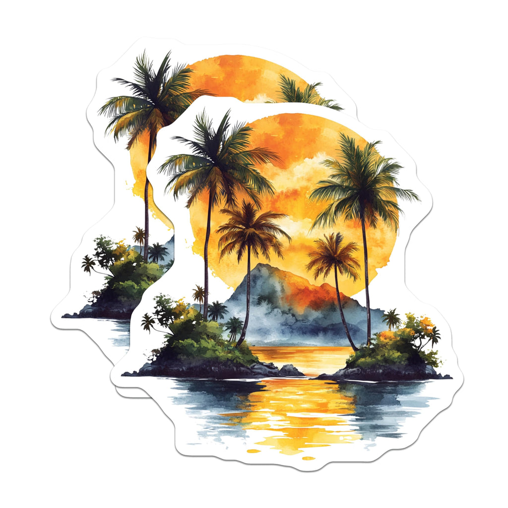 (2 Pack) Tropical Sunset Palm Tree Magnets - Island Beach Art - Watercolor Ocean Scene - Vacation Decor - 5 Inches On Longest Side - Thick Durable Magnet - Made in USA - MAG28476