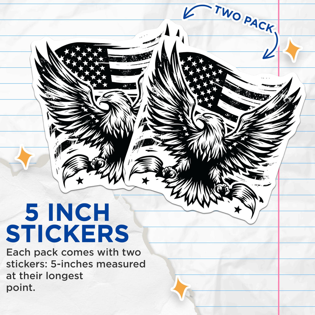 (2 Pack) American Eagle Stickers - Patriotic Stickers - USA Flag Decals- 5" On Longest Side - Sticks to Smooth Flat Surfaces - Made in USA - BMCS16893