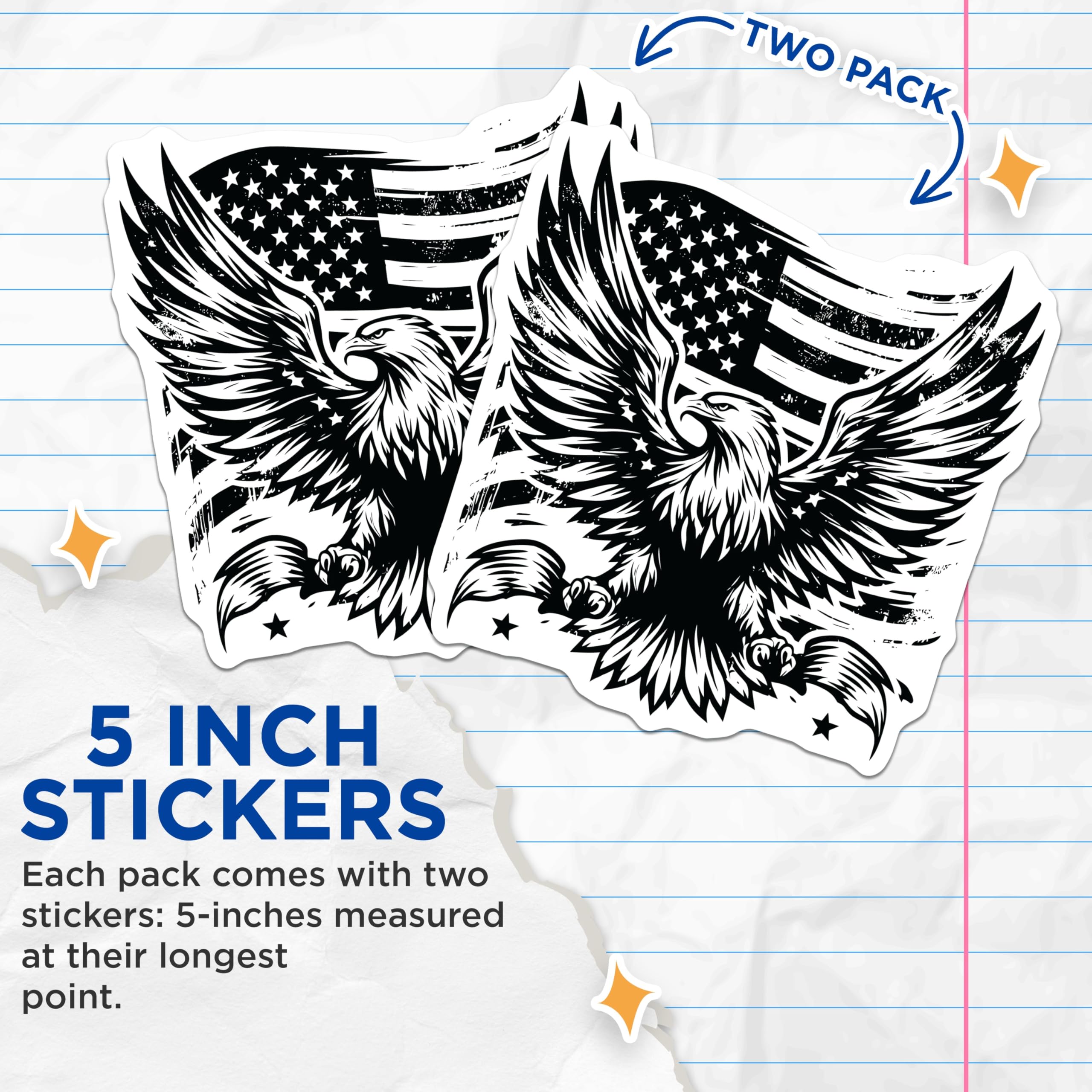 (2 Pack) American Eagle Stickers - Patriotic Stickers - USA Flag Decals- 5" On Longest Side - Sticks to Smooth Flat Surfaces - Made in USA - BMCS16893