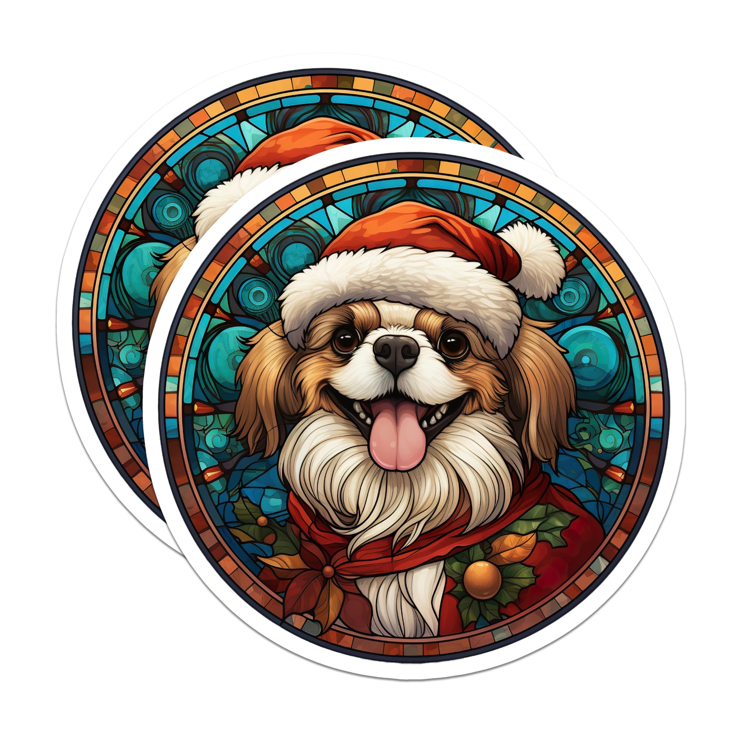 (2 Pack) Christmas Dog Magnets - Stained Glass Pet Art - Santa Hat Holiday Decor - Festive Winter Animals - 5 Inches On Longest Side - Thick Durable Magnet - Made in USA - MAG30478