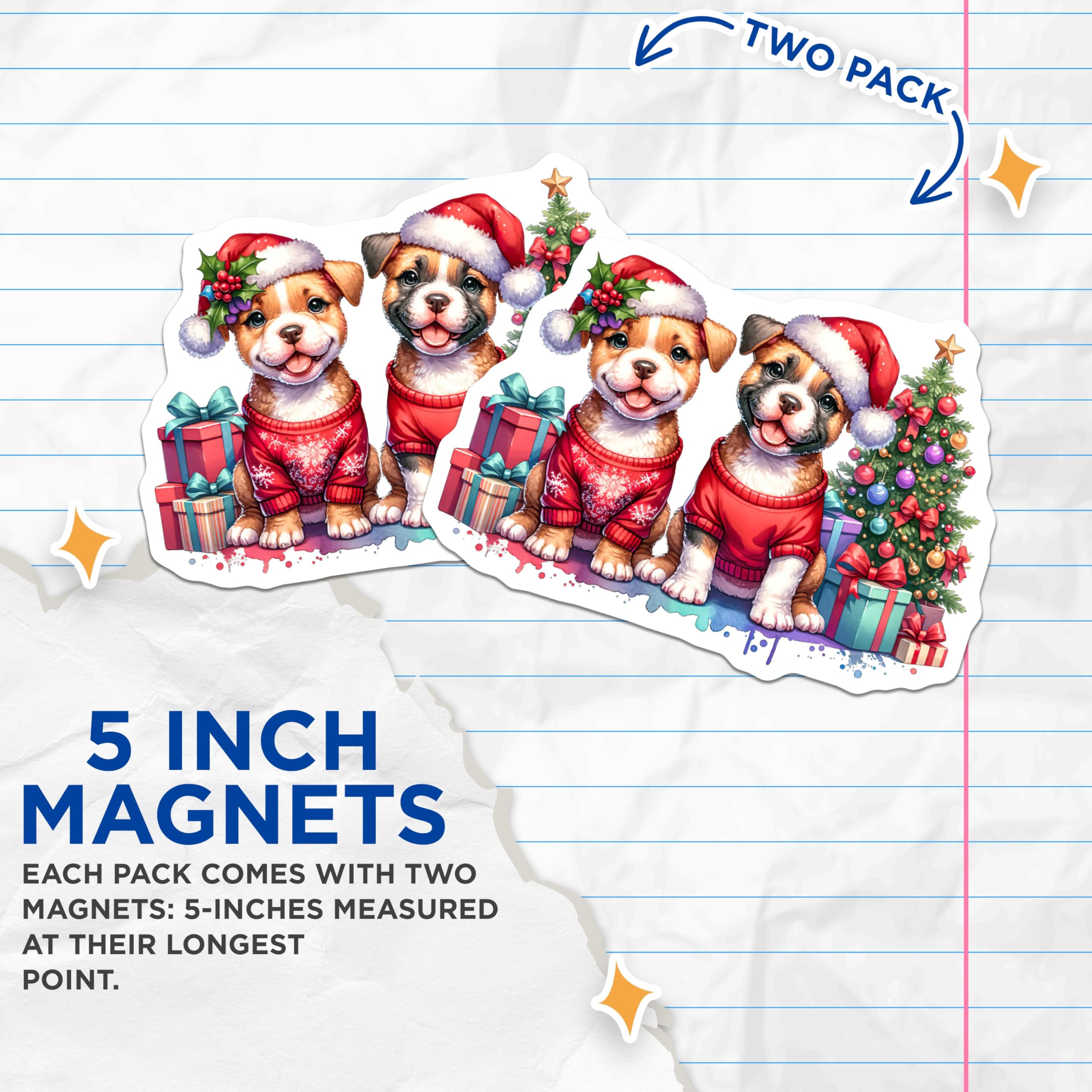 (2 Pack) Cute Christmas Puppies Magnets - Festive Holiday Dog Decor - Santa Hat Sweater Pups - Winter Refrigerator Charm - 5 Inches On Longest Side - Thick Durable Magnet - Made in USA - MAG24642