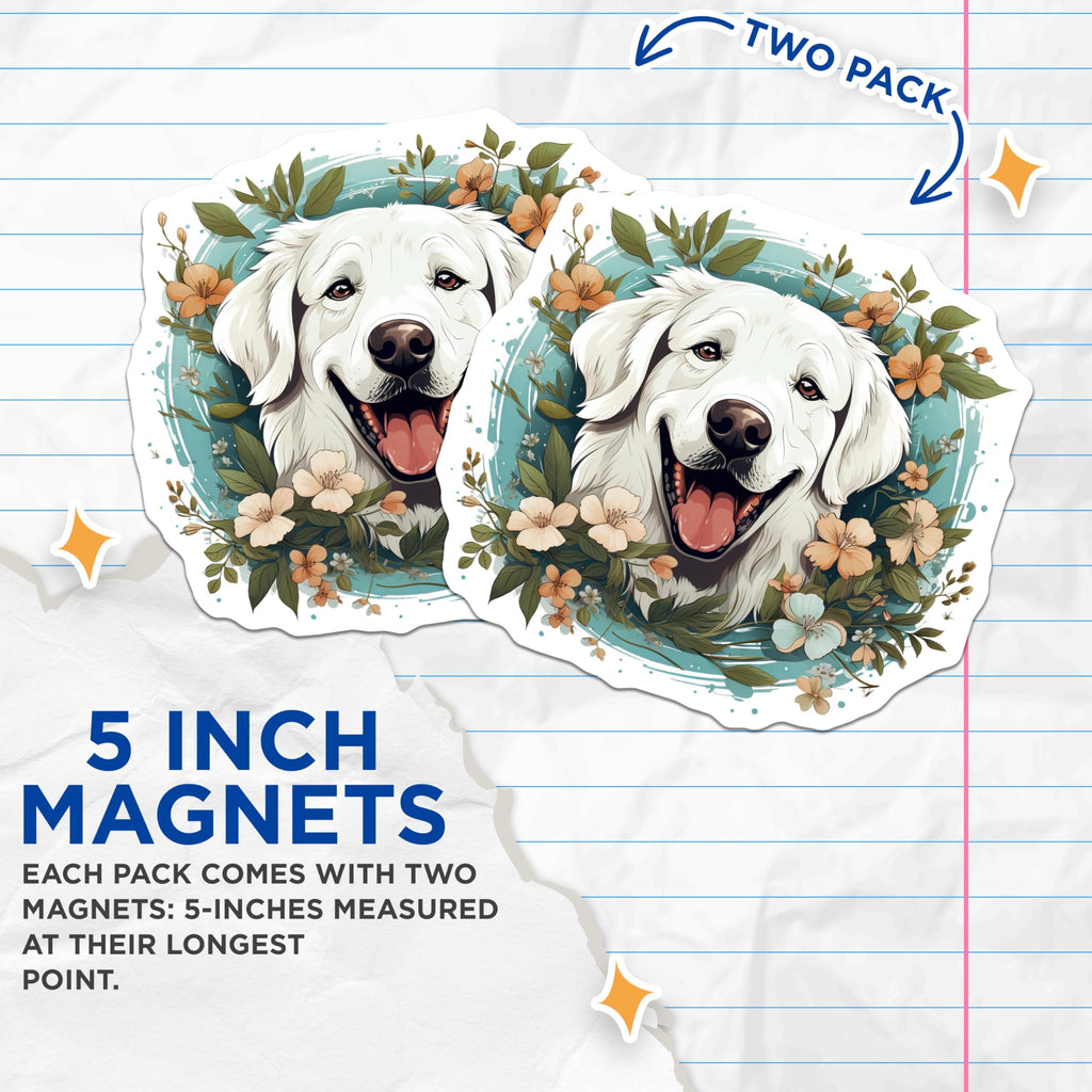 (2 Pack) Smiling Dog Magnets - Golden Retriever Floral Art - Dog Mom Fridge Decor - Cute Pet Accessories - 5 Inches On Longest Side - Thick Durable Magnet - Made in USA - MAG30716