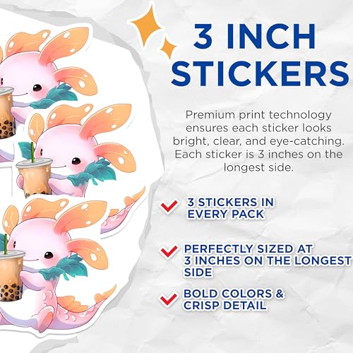 (3 Pack) Axolotl Boba Tea Decals - Cute Animal Stickers - Laptop Decals - 3 Inches On Longest Side - Easy Peel & Apply - Made in USA - 3MCS6554