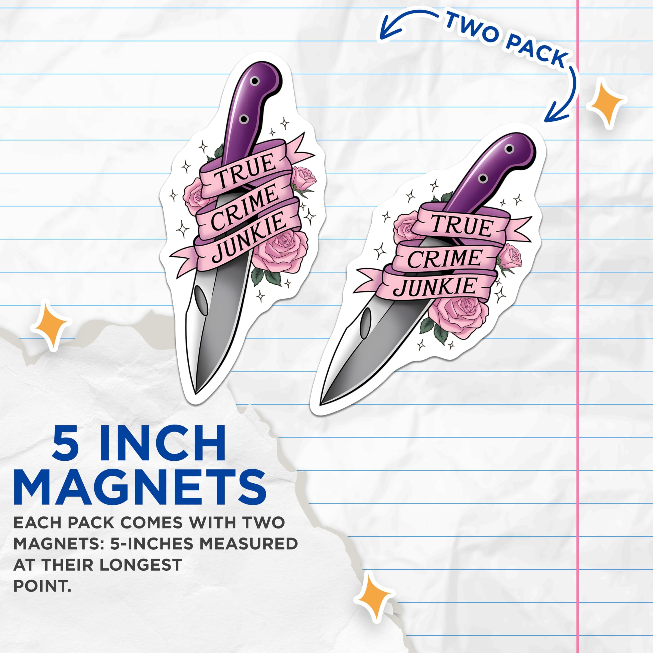 (2 Pack) True Crime Junkie Magnets - Dark Aesthetic Decor - Edgy Knife Roses Kitchen - Fridge Locker Accessories - 5 Inches On Longest Side - Thick Durable Magnet - Made in USA - MAG21355
