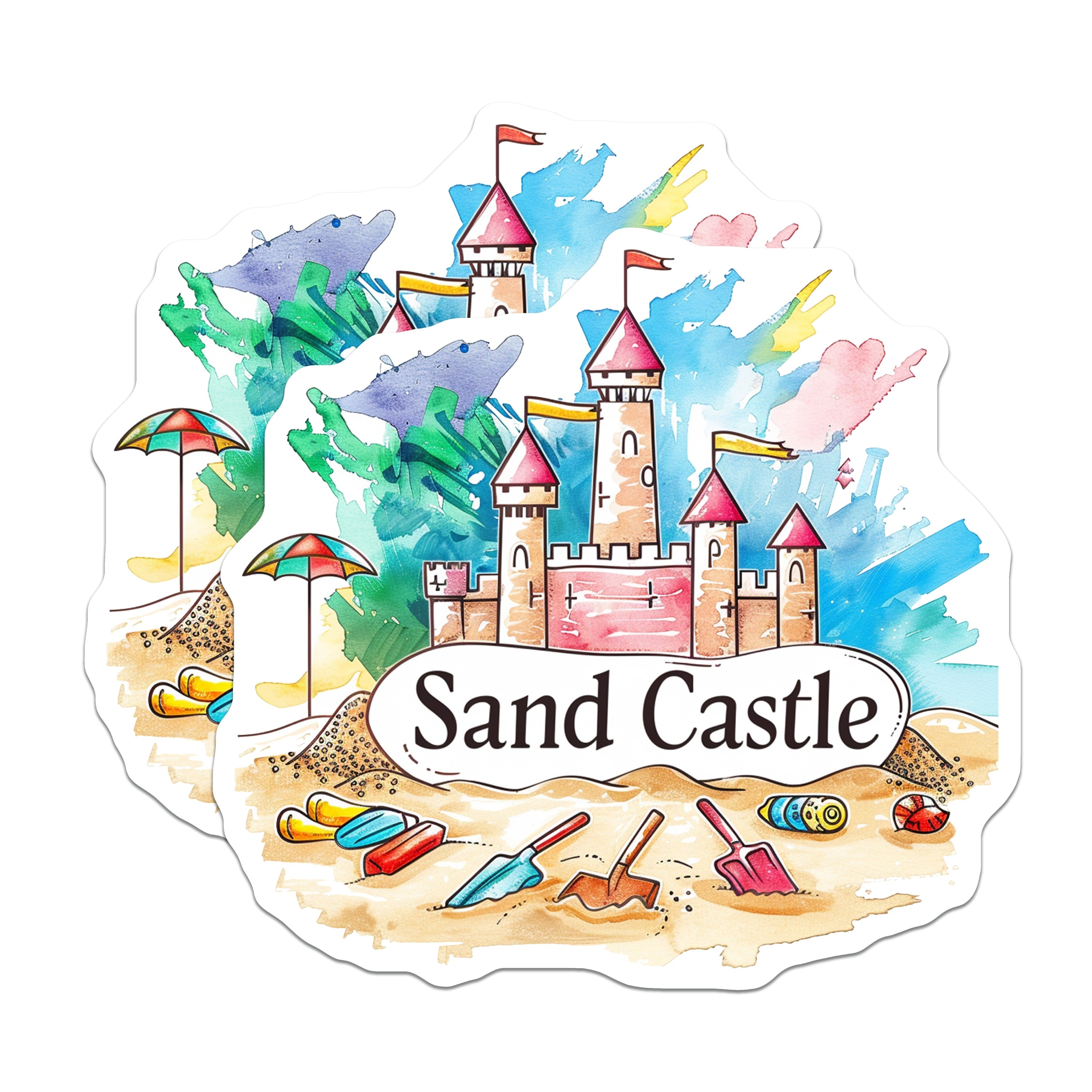 (2 Pack) Sand Castle Magnets - Watercolor Beach Decor - Summer Vacation Souvenirs - Coastal Fridge Art - 5 Inches On Longest Side - Thick Durable Magnet - Made in USA - MAG38121