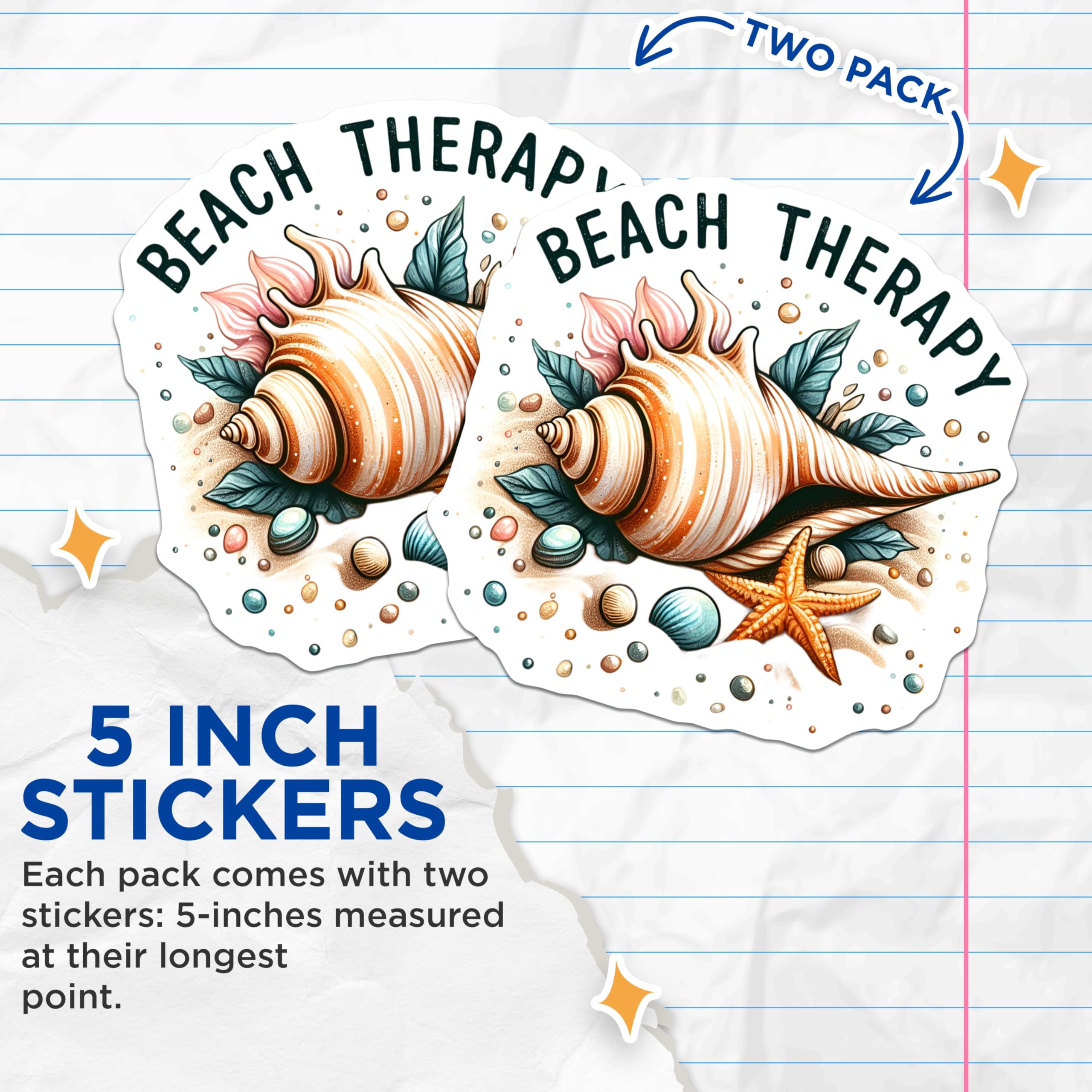 (2 Pack) Beach Therapy Stickers - Sea Shell and Starfish - Ocean Vibes - 5" On Longest Side - Sticks to Smooth Flat Surfaces - Made in USA - BMCS9299 - Coastal Decor