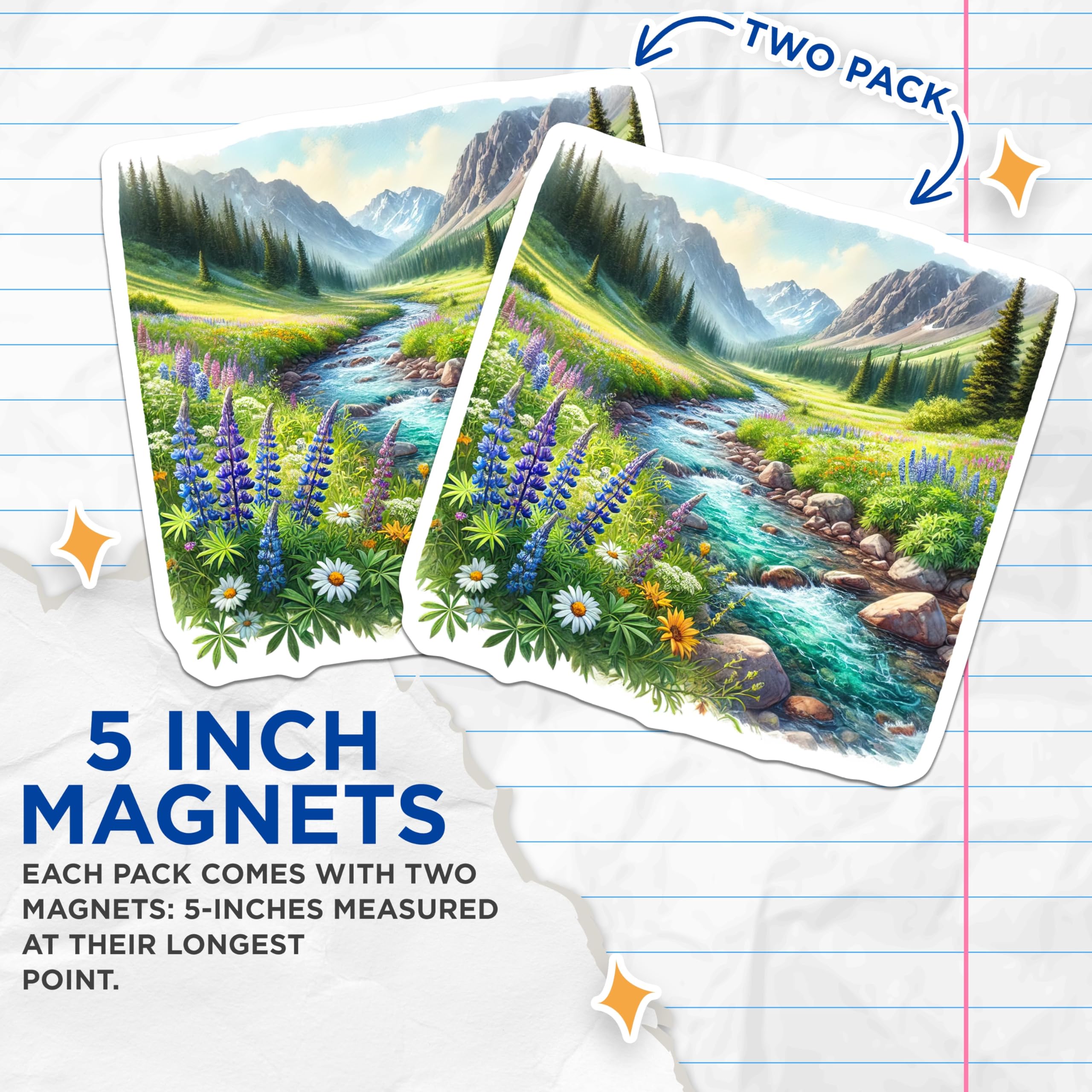 (2 Pack) Mountain River Magnets - Floral Meadow Art - Turquoise Water Landscape Magnet Set - 5" On Longest Side - Premium Magnet - for Cars, Refrigerators, Toolboxes, Lockers - Made in USA - MAG18353