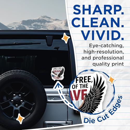 (2 Pack) Land of The Free Stickers - Patriotic Eagle - American Pride Sticker Pack - 5" On Longest Side - Sticks to Smooth Flat Surfaces - Made in USA - BMCS6211