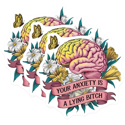 (3 Pack) Anxiety Decals - Mental Health Sticker - Floral Brain Art Decals - 3 Inches On Longest Side - Easy Peel & Apply - Made in USA - 3MCS2475