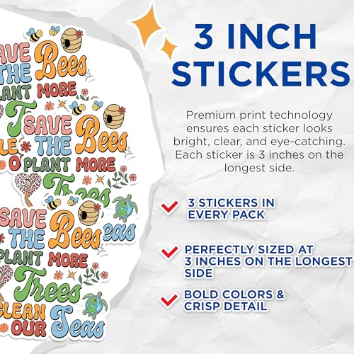 (3 Pack) Save The Bees Decals - Plant More Trees - Clean Our Seas - Laptop Decal - 3 Inches On Longest Side - Easy Peel & Apply - Made in USA - 3MCS1832