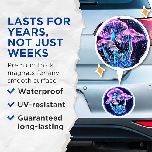 (2 Pack) Neon Mushroom Art Magnets - Psychedelic Glow - Trippy Decor - Space Mushroom Design - 5" On Longest Side - for Cars, Fridges, Toolboxes - Made in USA - MAG7048