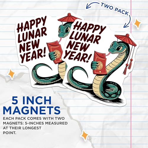 (2 Pack) Happy Lunar New Year Magnets - Snake Design - Chinese New Year Magnet - Year of The Snake - 5" On Longest Side - for Cars, Fridges, Toolboxes - Made in USA - MAG4134