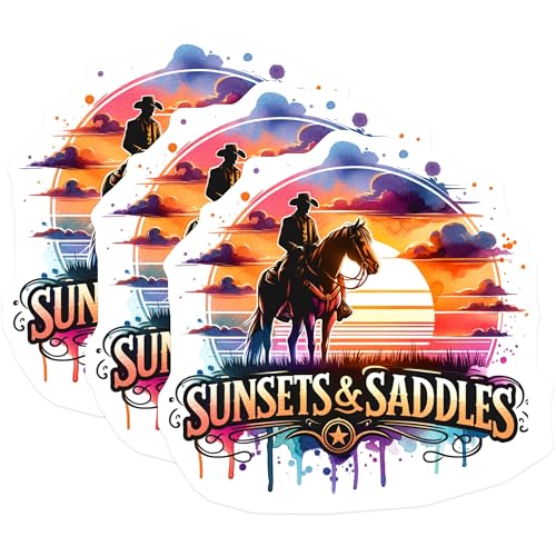 (3 Pack) Sunsets and Saddles Decals - Cowboy Horse - Western Theme Decals- 3 Inches On Longest Side - Easy Peel & Apply - Made in USA - 3MCS5645