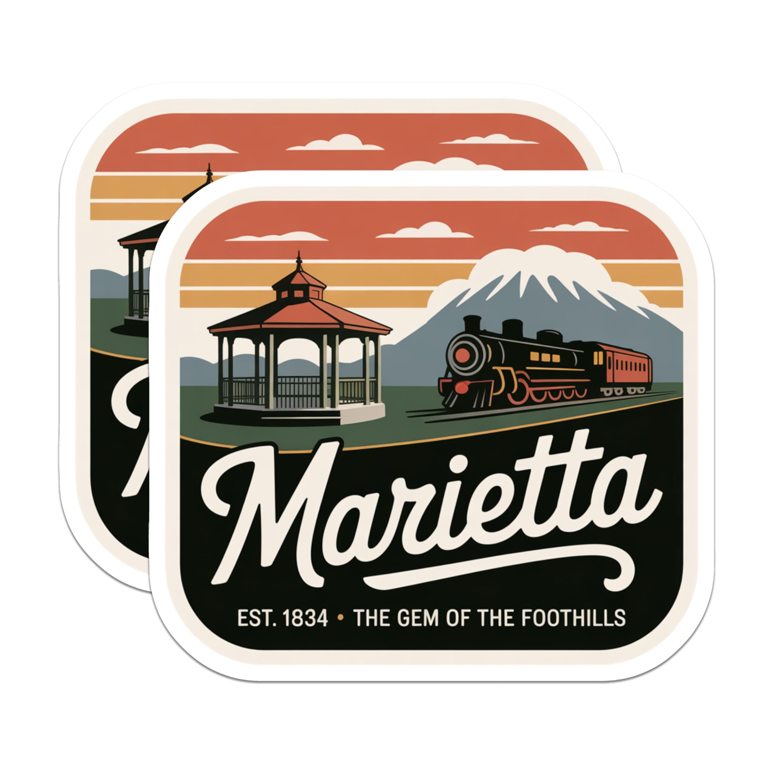 (2 Pack) Marietta Georgia Stickers - Travel Decals - Foothills Gem Souvenir - 5" On Longest Side - Sticks to Smooth Flat Surfaces - Made in USA - BMCS17267