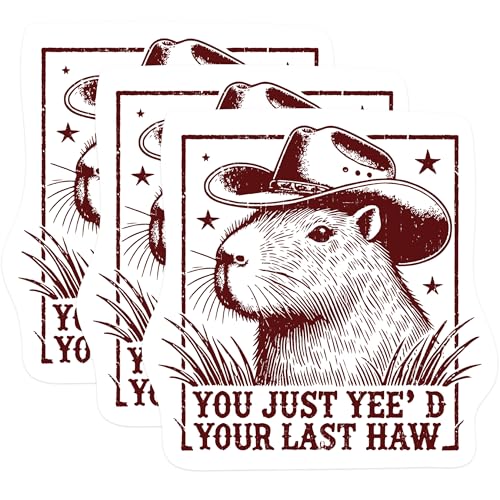 (3 Pack) Capybara Cowboy Decals - Funny Rodent - You Just Yee'd Your Last Haw - 3 Inches On Longest Side - Easy Peel & Apply - Made in USA - 3MCS1097