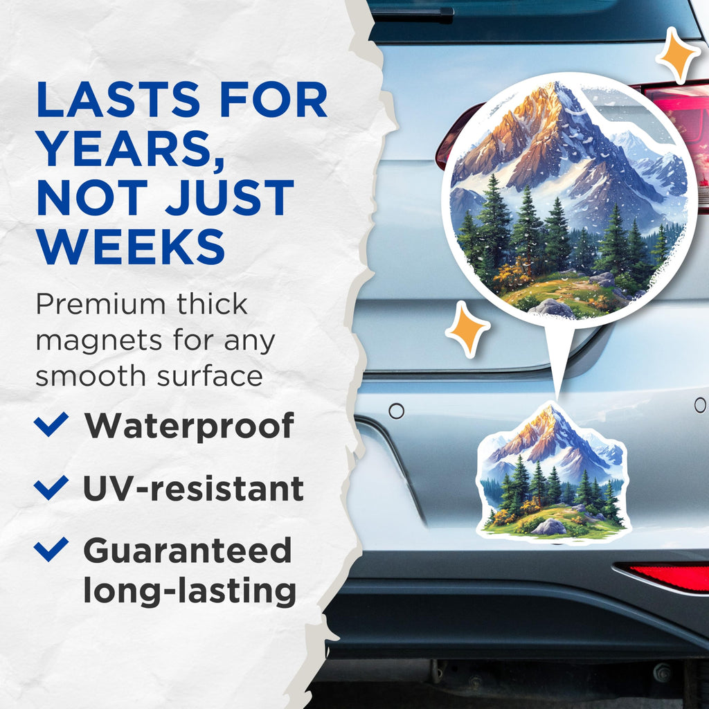 (2 Pack) Sunlit Mountain Magnets - Majestic Alpine Peaks Decor - Nature Lover Refrigerator Art - 5 Inches On Longest Side - Thick Durable Magnet - Made in USA - MAG26880