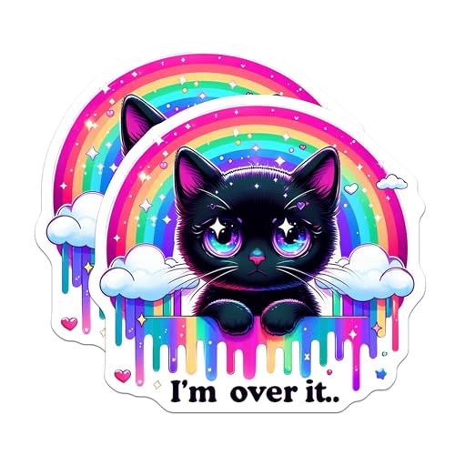 (2 Pack) Cute Cat Stickers - Rainbow Cat Sticker - I'm Over It Cat Decal - 5" On Longest Side - Sticks to Smooth Flat Surfaces - Made in USA - BMCS4583