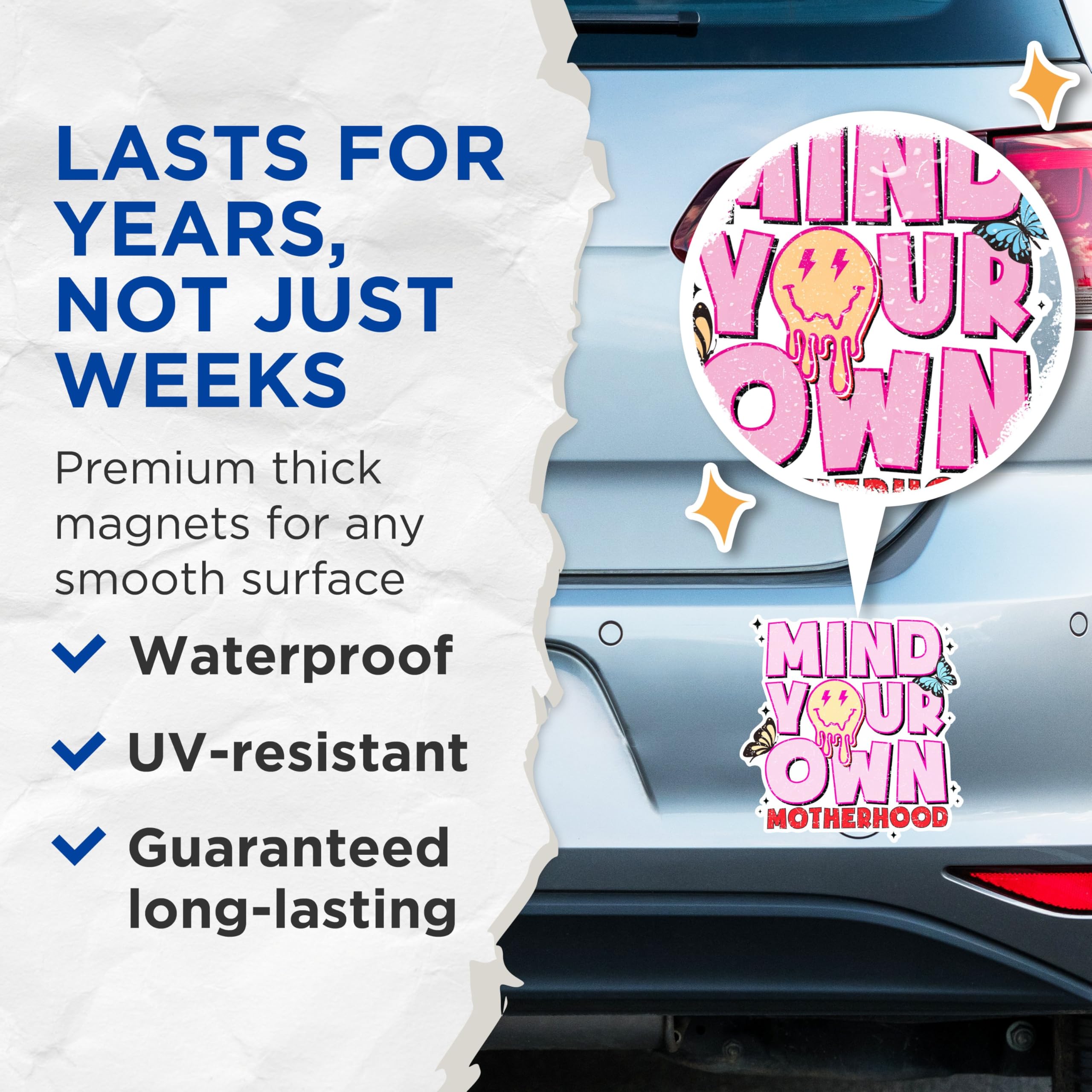 (2 Pack) Mind Your Own Motherhood Magnets - Inspirational Mom Magnets - Cute Butterfly Magnets Decor- 5" On Longest Side - for Fridges, Toolboxes, Cars - Made in USA - MAG3006