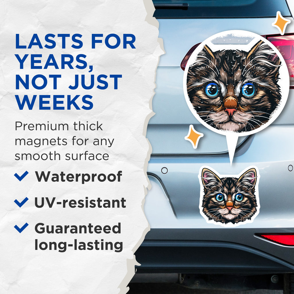 (2 Pack) Cute Cat Head Magnets - Blue Eyed Feline Art - Pet Lover Fridge Decor - 5 Inches On Longest Side - Thick Durable Magnet - Made in USA - MAG36828