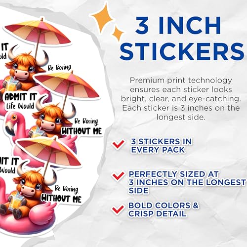 (3 Pack) Highland Cow Decals - Funny Flamingo Float - Sassy Bull Laptop Decal - 3 Inches On Longest Side - Easy Peel & Apply - Made in USA - 3MCS1715