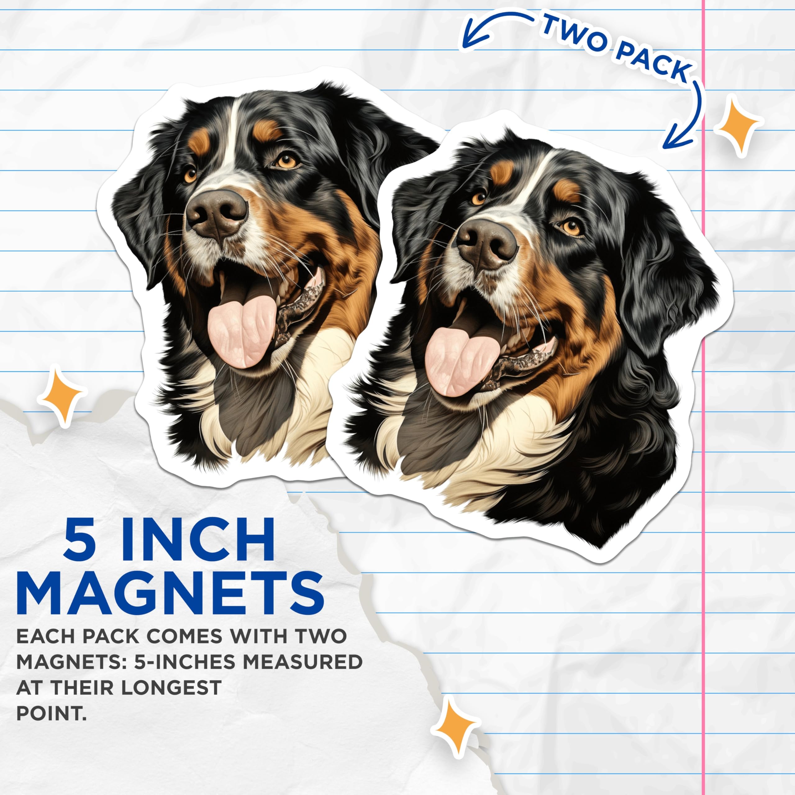 (2 Pack) Bernese Mountain Dog Magnets - Happy Berner Dog Portrait - Pet Owner Decor - Dog Lover Accents - 5 Inches On Longest Side - Thick Durable Magnet - Made in USA - MAG30222