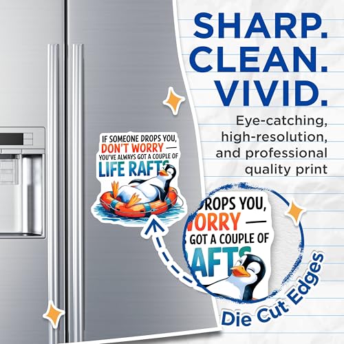 (2 Pack) Funny Penguin Magnets Magnets - Life Raft Kitchen Decor - Clever Magnet Quotes - 5" On Longest Side - Made in USA - Sticks to Refrigerators & Metal Surfaces - MAG8766
