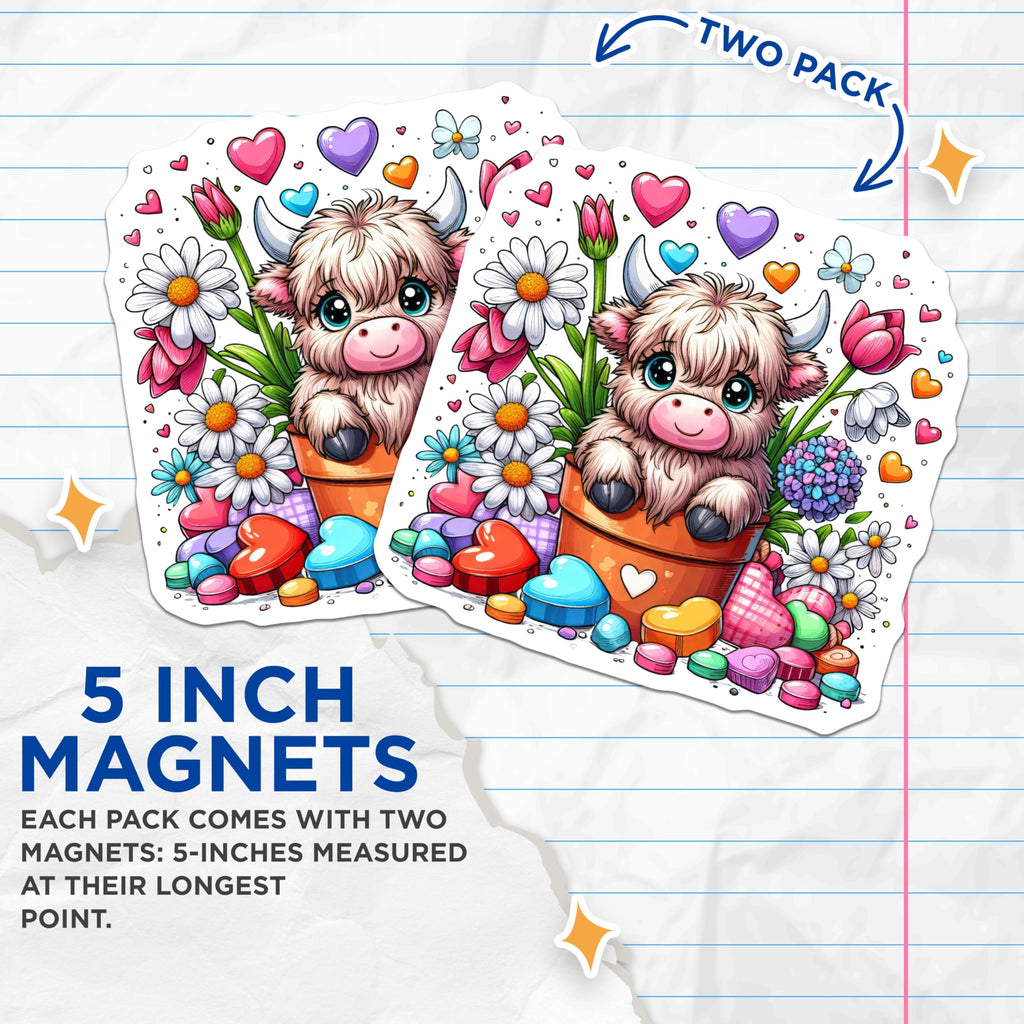 (2 Pack) Highland Cow Magnets - Cute Cow Decor - Floral Heart Magnets - 5" On Longest Side - Premium Magnet - for Cars, Refrigerators, Toolboxes, Lockers - Made in USA - MAG14603