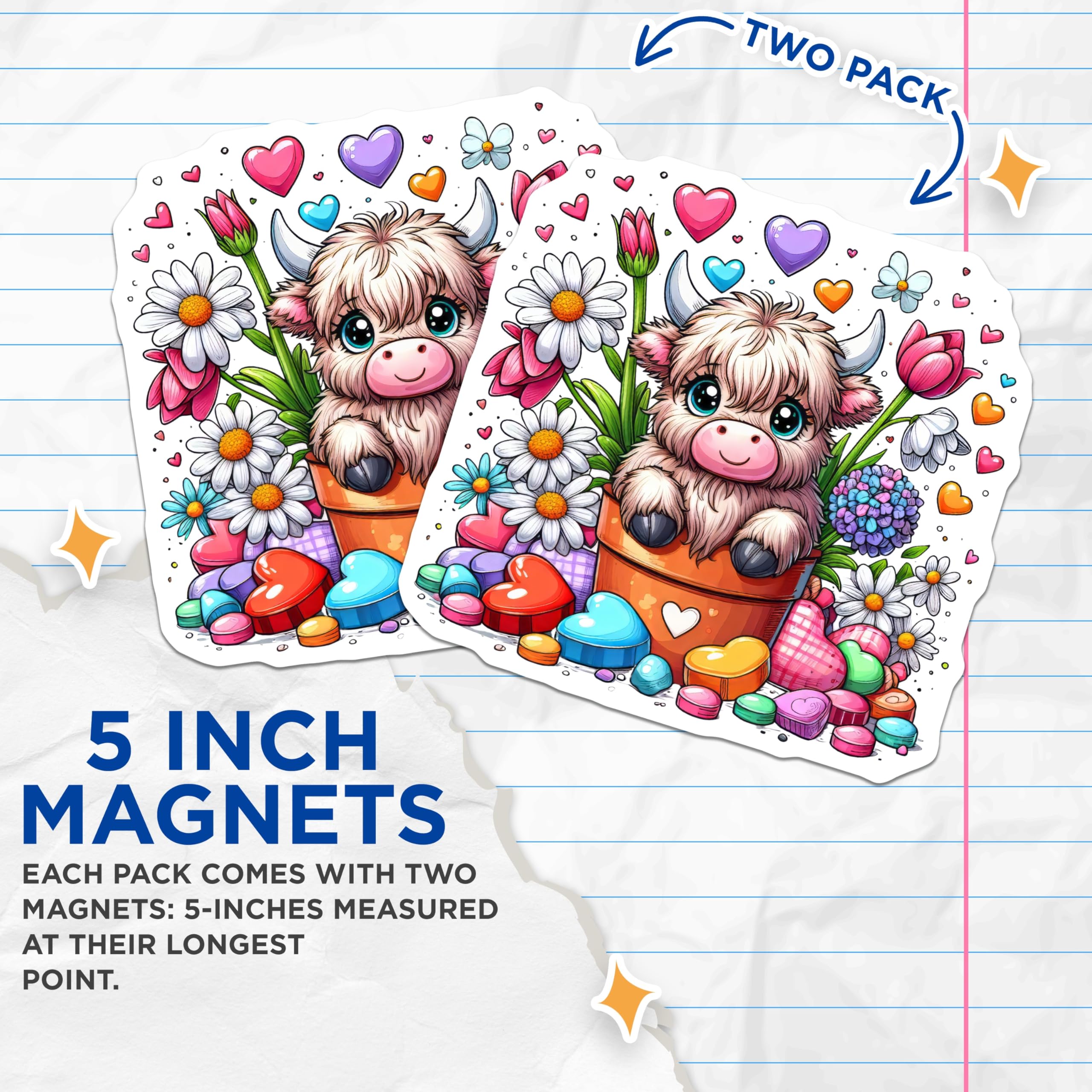 (2 Pack) Highland Cow Magnets - Cute Cow Decor - Floral Heart Magnets - 5" On Longest Side - Premium Magnet - for Cars, Refrigerators, Toolboxes, Lockers - Made in USA - MAG14603