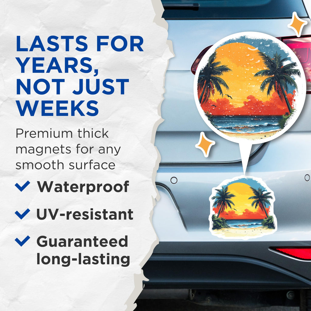 (2 Pack) Tropical Sunset Magnets - Palm Tree Beach Decor - Ocean Vacation Souvenirs - Island Life Kitchen Fridge - 5 Inches On Longest Side - Thick Durable Magnet - Made in USA - MAG27334