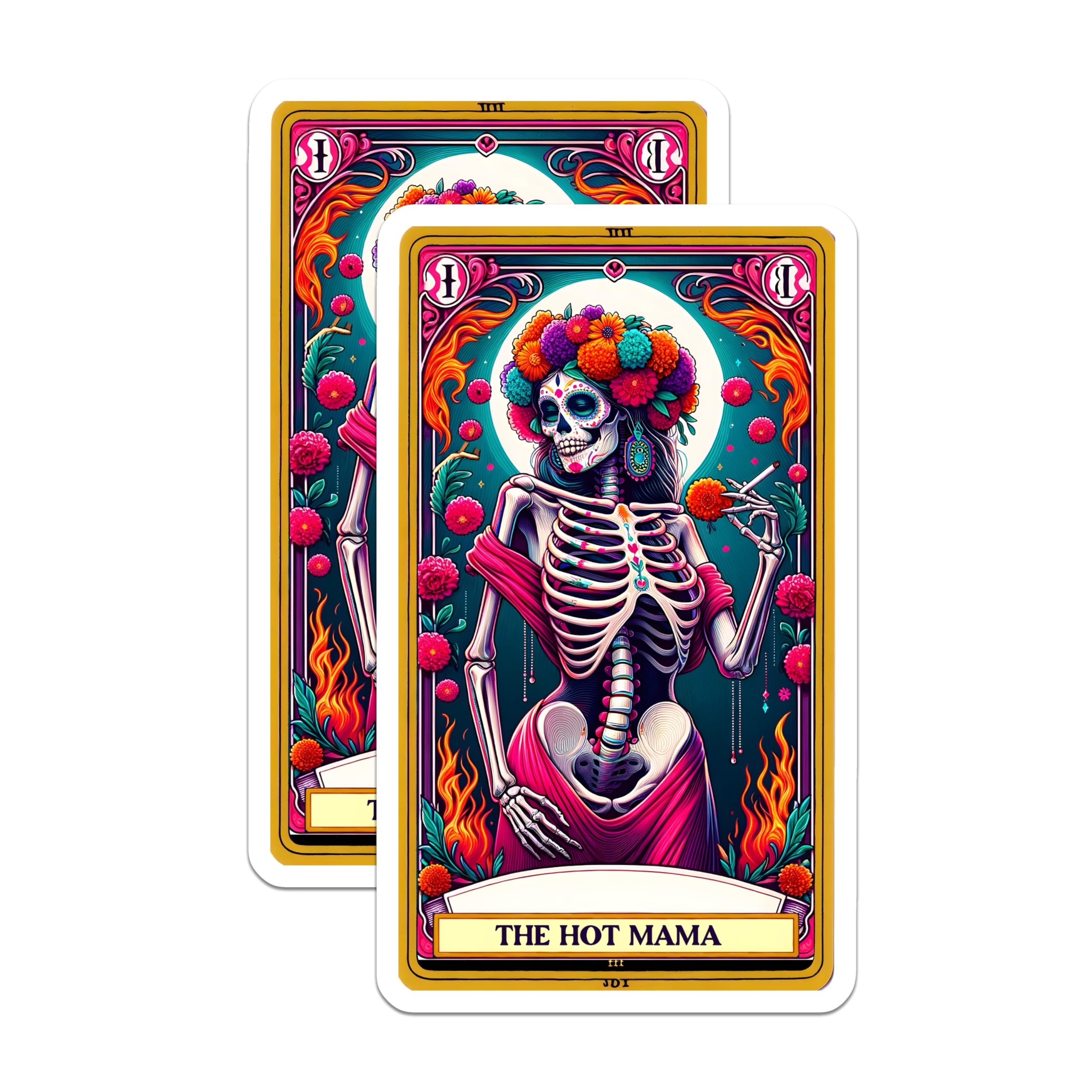 (2 Pack) The Hot Mama Magnets - Vibrant Sugar Skull Artwork - Dia de Los Muertos Calavera - Festive Fridge Magnets - 5 Inches On Longest Side - Thick Durable Magnet - Made in USA - MAG21150