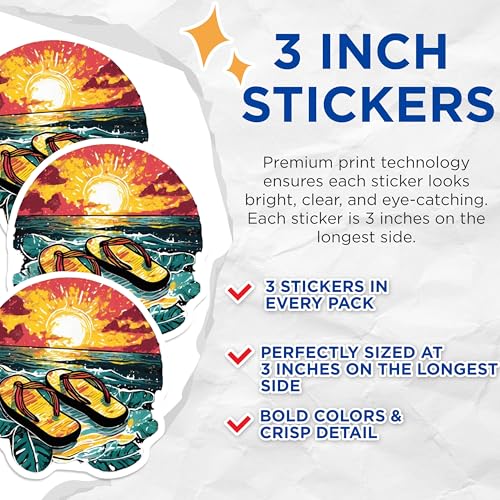 (3 Pack) Beach Flip Flops Decals - Sunset Ocean Decal - Summer Vibes Decals - 3 Inches On Longest Side - Easy Peel & Apply - Made in USA - 3MCS8084