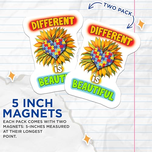 (2 Pack) Different is Beautiful Magnets - Sunflower Heart Puzzle Piece - Autism Awareness - Inspirational Decor - 5" On Longest Side - for Cars, Fridges, Toolboxes - Made in USA - MAG7264