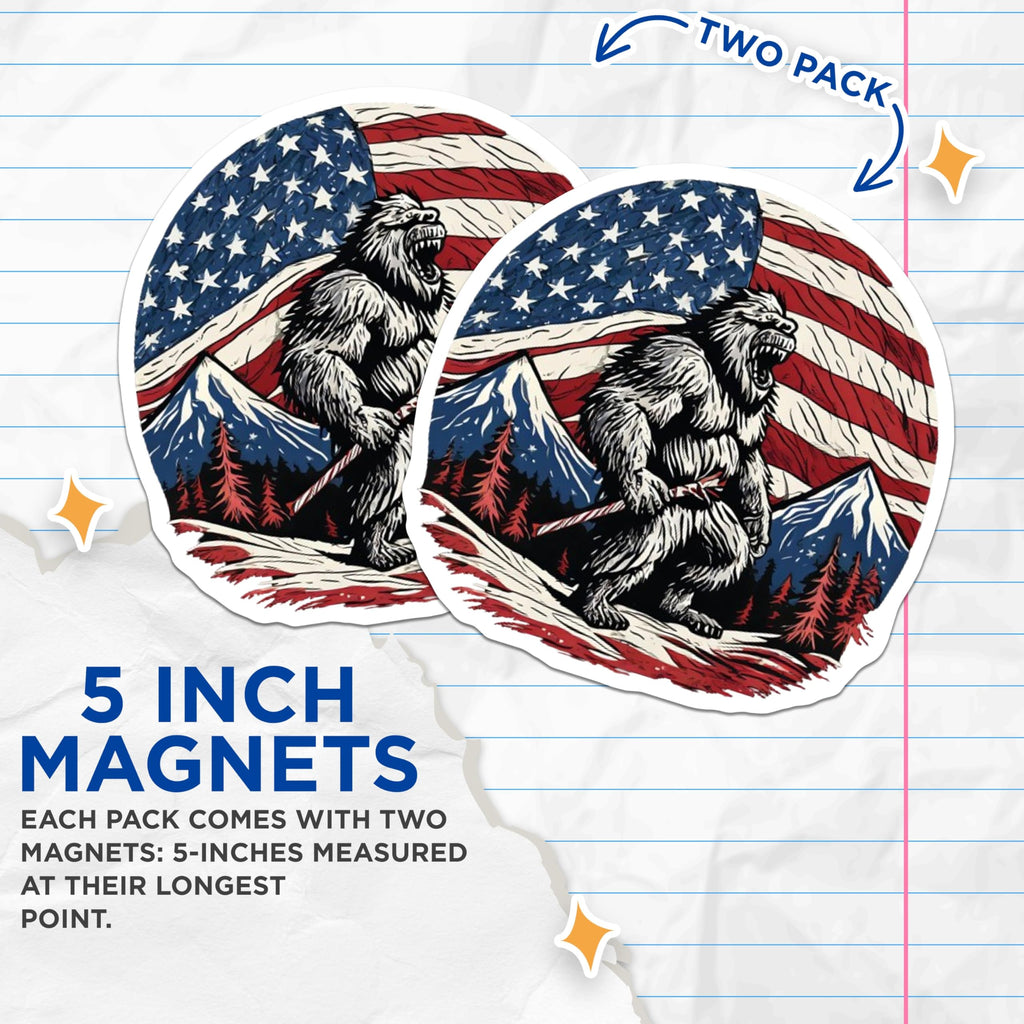 (2 Pack) Bigfoot American Flag Magnets - Patriotic Sasquatch Decor - USA Mountain Yeti Display - 5 Inches On Longest Side - Thick Durable Magnet - Made in USA - MAG20618